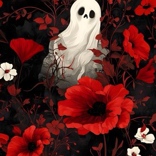 a black background with red flowers and two white ghostes in the middle of it Halloween Floral Custom Red Ghost Background, Halloween Flower, Gothic Halloween Bats, Spooky Flower, black