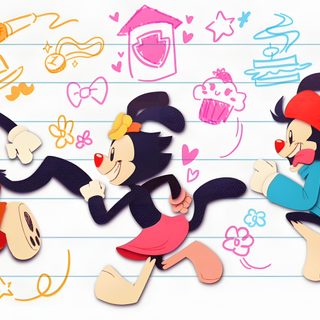three cartoon characters are running together on lined up paper with colored pencils in the background Halloween Animaniacs Yakko And Wakko, Animaniacs Art, Animaniacs, Animaniacs Fanart, white smoke
