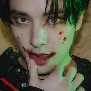 a young man with green hair and makeup Enhypen Halloween Zoey Kpop Demon Hunters Face Paint, Saja Boys Halloween, Kpop Demon Hunters Jack O Lantern, dark slate gray