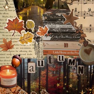 a collage of autumn images with candles, books and pumpkins in the foreground Autumn Aesthetic Halloween Collage Autumn Phone, Cute Backgrounds, Thanksgiving, sienna
