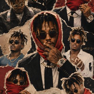 a collage of photos with men in suits and red bandannas on them Halloween Juice Wrld saddle brown