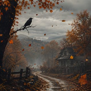 a black bird sitting on top of a tree branch next to a forest filled with leaves Halloween Nature Autumn, dark olive green