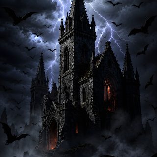 a castle with bats flying around it and lightning in the sky over it at night Dark Fantasy Halloween black