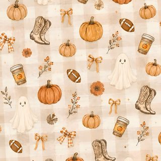 a pattern with pumpkins, boots and other items on it's fabric background Country Halloween wheat