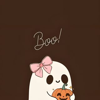 a ghost holding a pumpkin with the word boo on it's face and wearing a bow Aesthetic Halloween Girl Cute Halloween For Ipad, Aesthetic Halloween Bows, Ghost Bow, dark slate gray