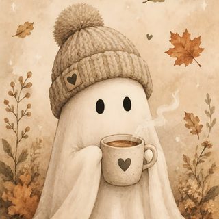 a painting of a snowman with a cup of coffee in his hand and falling leaves around him Halloween Ghost Iphone burlywood