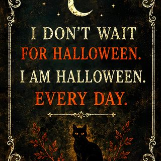 a black cat sitting on top of a table next to a sign that says i don't wait for halloween Halloween Quotes black
