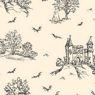 a halloween themed wallpaper with bats and trees Halloween Toile Halloween Toile, Sewing Baby Clothes, Black Castle, Haunted Castle, Fall Patterns, beige