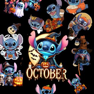 the poster for halloween is shown with many different characters on it's black background Cute Stitch And Angel Halloween Halloween, black
