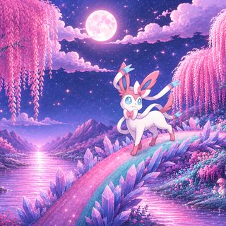 a painting of a rabbit on a bridge in the woods with pink flowers and trees Halloween Sylveon Hd dark orchid