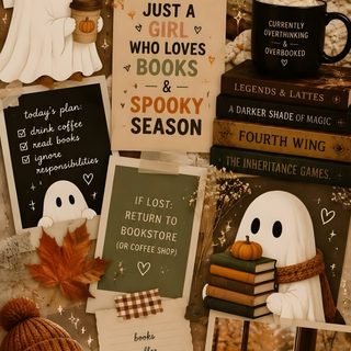 halloween greeting cards with ghost reading books and coffee mugs on them, surrounded by fall leaves Bookish Halloween sienna