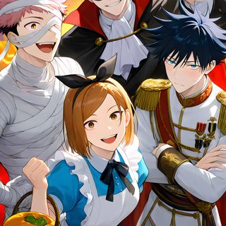 an image of some anime characters posing for the camera with pumpkins in front of them Jjk Halloween gray