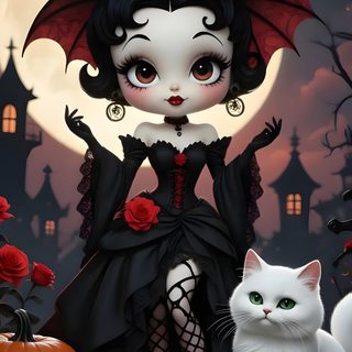 a white cat sitting next to a halloween doll Betty Boop Halloween Dark Pictures, Tim Burton, Betty Boop, Cute Art, Phone, Hello Kitty, dark slate gray
