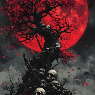 a bunch of skulls sitting on top of a pile of rocks in front of a red moon Halloween Skulls Skull, Skull Aesthetic, Skull Moon, Skulls, Blood Skull, Skull Tree, dark slate gray