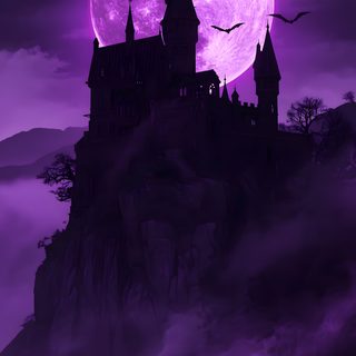 a castle on top of a hill with bats flying over it Purple Halloween 4k midnight blue