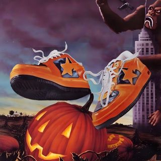an orange sneaker is on top of a jack - o'- lantern pumpkin Halloween Retro Shoes With Pumpkins Bapesta Shoes Poster, Halloween Sneaker Art, Bape Shoes Poster, dark slate gray