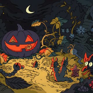 an animated halloween scene with pumpkins, witches and other creatures in the woods at night Large Halloween Desktop Halloween Dark Aesthetic, Halloween Macbook, Cute Halloween Pc Background, dark slate gray