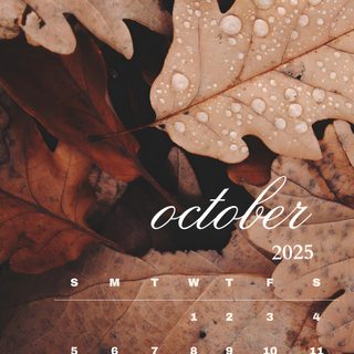 a calendar with water droplets on leaves October 2025 Calendar Halloween October 2025 Ipad, October Calnedar, October 2025 Calendar Aesthetic, saddle brown