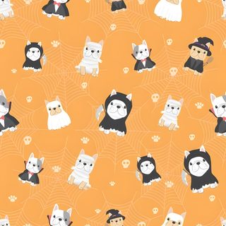 an orange background with small dogs and cats in halloween costumes on the bottom right corner Halloween French Bulldog French Bulldog Fall Background, Halloween Boston Terrier, Halloween French Bulldog, sandy brown
