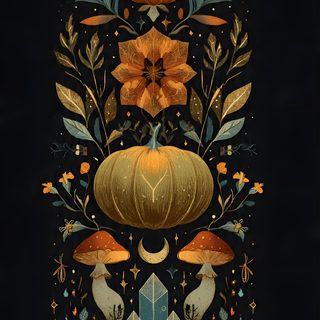 an artistic illustration of pumpkins, leaves and other things on a black background with the moon in the distance Pagan Halloween Pattern, black