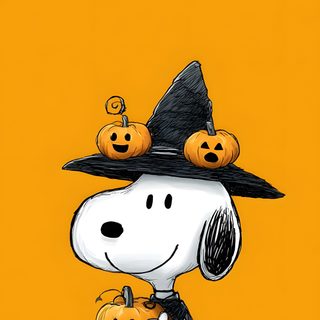a cartoon dog wearing a witches hat and holding pumpkins on an orange background with the words happy halloween written below it Snoopy Halloween 4k Snoopy Halloween 4k, Cute Halloween Snoopy, Snoopy Halloween Phone, orange