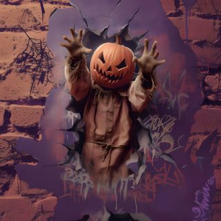 an image of a scary pumpkin in the middle of a brick wall Wrecking Ball Halloween 4k Monster Games, Best Birthday Wishes, Anime Photo Profile Dark, dark slate gray