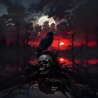 a black bird sitting on top of a tree stump in the middle of a lake Halloween Crow Dark Custom Desktop Computer, Desktop Horror, Skull Pc, Gothic Twitch Banner, black