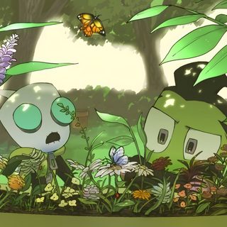 an image of some plants and flowers in the grass with a butterfly flying over them Invader Zim Halloween Gir Laptop, Invader Zim Gir Laptop, Gir Invader Zim Pc, Earth Invader Zim, olive drab