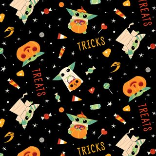halloween themed wallpaper with pumpkins, witches and other items on black background that says trick's Star Wars Halloween Star Wars Fall, Halloween Baby Yoda, Baby Yoda Halloween, Halloween Oogie Boogie, black
