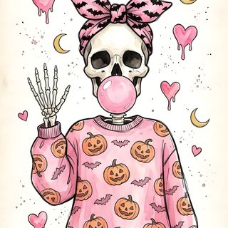 a drawing of a skeleton wearing a pink sweater with pumpkins on it and the words hey boo shop now Pink Halloween Skeleton floral white