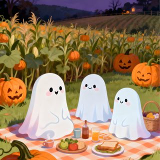 three ghost sitting at a picnic table with pumpkins in the background Halloween Farm Haunted House, Pretty, Cute Animals, Halloween, Animals, sienna