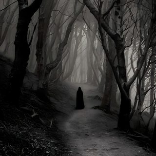 a black and white photo of a person walking down a path in the woods on a foggy day Halloween Not Blurry Horror Place, Spooky Things, Gothic Outdoor Scene, Ghostly Woods, dark slate gray