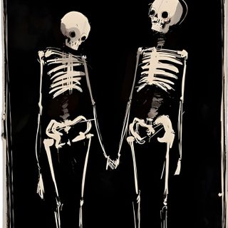 two skeletons standing next to each other in front of a black background with white writing on it Halloween Love Dark Art Background, Edgy Art, Goth Skeleton, Skeletons Looking At Each Other, tan
