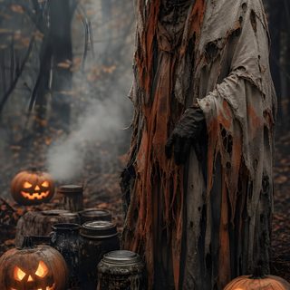 a scary scarecrow standing in the woods with carved pumpkins Old Scary Horror Halloween dark slate gray