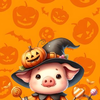 a pig in a witches hat and pumpkins on an orange background with jack - o'- lanterns Halloween Pig Halloween Pigs, Cute Halloween Phone, Fall Animal, Halloween Pug Background, dark orange
