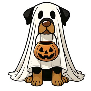 a dog wearing a ghost costume with a pumpkin in its mouth Halloween Rottweiler Cute Halloween Dog Drawing, Cute Halloween Dog Cartoon, Cartoon Dog In Halloween Costume, white