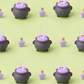 many pots and pans are shown with bubbles coming out of the top one, on a pastel green background Halloween Magic Potions Light Greysmall pale goldenrod