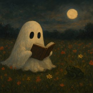 a painting of a ghost reading a book in the middle of a field with flowers Halloween Laptop Ghost Ghost Aesthetic Laptop, Ghost Cartoon, Ghost Ipad, Ghost Computer, Laptop Ghost, black