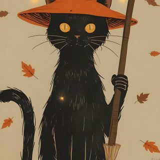 a black cat wearing a witches hat and holding a broom with autumn leaves around it Halloween Witch Cat Cute Halloween Animals Drawing, Halloween Cats, Cat With Witch Hat, dark khaki