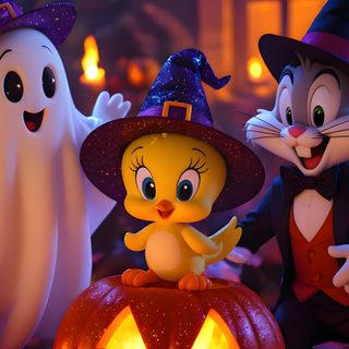 three cartoon characters dressed up in halloween costumes with pumpkins and jack - o'- lanterns Tweety Bird Halloween Tom And Jerry Halloween, Halloween Cartoon Iphone, Tweety Bird Halloween, dark slate gray