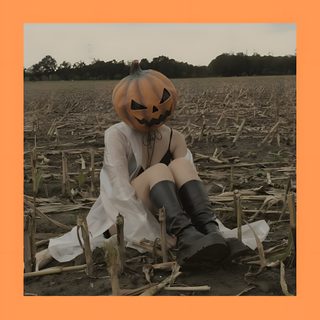 a scarecrow sitting in the middle of a pumpkin patch with her legs spread out Aesthetic Halloween Girl sandy brown