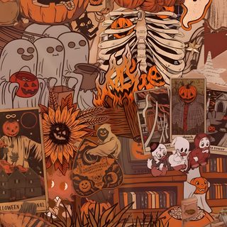 a collage of pumpkins, skeletons and other halloween related items is featured in this image Pinterest Halloween Pinterest Halloween Thanksgiving, Cute Halloween Backgrounds Collage, Cute Halloween Collage, sienna