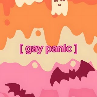 an image of halloween greeting card with ghostes and pumpkins on the background, i gay panic Lgbtq Halloween light coral