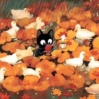a black cat is surrounded by ducks and pumpkins in the rain with autumn leaves Lofi Halloween Desktop Halloween Cute Laptop, Cute Desktop, Halloween Animal Desktop Background, chocolate