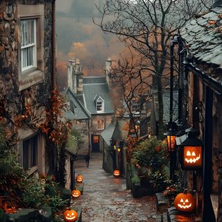 a cobblestone street with pumpkins lit up in the middle and buildings on both sides Spooky Halloween Street Halloween City, Halloween Street, Casas Victorianas, dark olive green