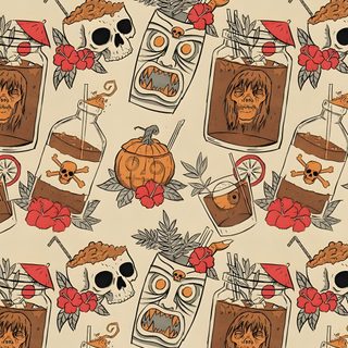 an image of halloween themed wallpaper with pumpkins, skulls and drinks on it Halloween Tropical Adult Halloween, Vintage Halloween Backgrounds Iphone, Beach Halloween, tan
