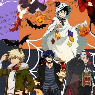 an image of halloween characters with the words happy halloween Mha Halloween Phone Mha Halloween, Bakugou Halloween, Ochako Halloween, My Hero Academia Halloween, sienna