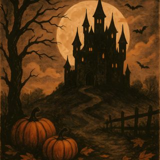 a painting of a castle with pumpkins in front of it Vintage Halloween- Bobcats Castle Haunted Castle Autumn, Halloween Haunted Castle Drawing, Haunted Castle Drawing, dark olive green