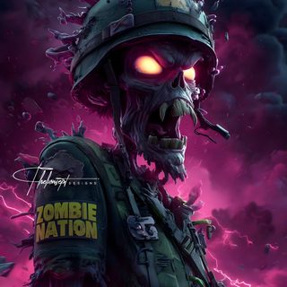 an image of a zombie soldier with glowing eyes and blood on his face, in front of a purple background Halloween Zombie Gunship Zombie Fighter, One Piece Logo, Cyborgs Art, Scary Ghost Pictures, dark slate gray
