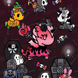 an image of some cartoon characters on a dark background Tokidoki Halloween Tokidoki Iphone, Tokidoki, Tokidoki Phone, Tokidoki Background, Tokidoki Unicorno, black